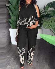 2024 Spring Summer Fashion New Printed Set Women Loose Casual Round Neck Raglan Hollow Five Quarter Sleeve Trousers Suit Lady