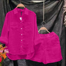 2 Pcs/Set Women Shirt Shorts Set Loose Long Sleeves Solid Color Elastic Waist Irregular Hem Lapel Female Spring Autumn Outfit