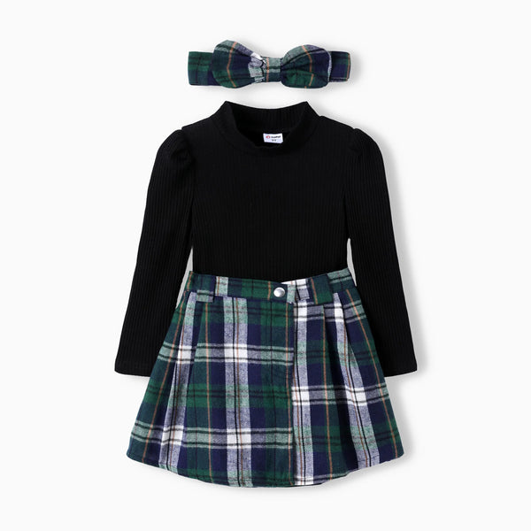 PatPat Toddler Girl 3pcs Classic Long-Sleeve Tee and Grid Skirt Set with Headband