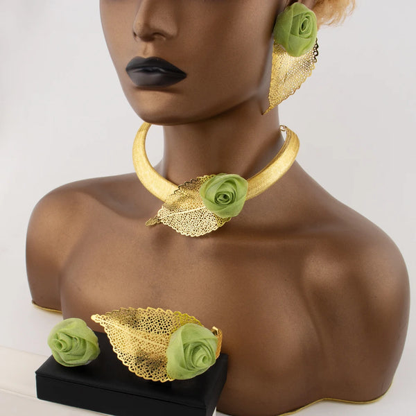 2025 Elegant Gold Plated Green Flower Shape Necklace Earrings Ring Bangle for Woman Fashion Women Jewelry Set Gift for Party