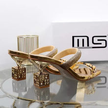 Womens Slippers with Middle Heel Open Toes Anti Slip Rhinestones Chain Buckle 2025 New Summer Outdoor PU Fashion Slippers