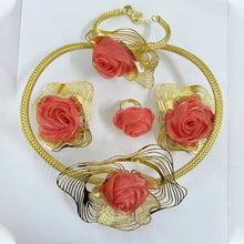 Women Gold Color Jewelry Set Braided Red Rose Design Large Pendant Unique Earrings Dubai Arab Fashion Ring Bracelet Party Gift
