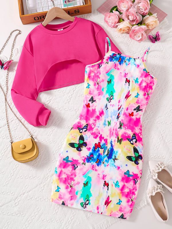 Girls' clothing set autumn fashion solid color round neck short top butterfly pattern suspender skirt student girl two-piece set
