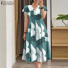 ZANZEA Summer Fashion Women's Printed Dress Short Sleeve V-Neck Robe Casual Holiday Sundress Elegant Fitted Wiast Vestidos 2025