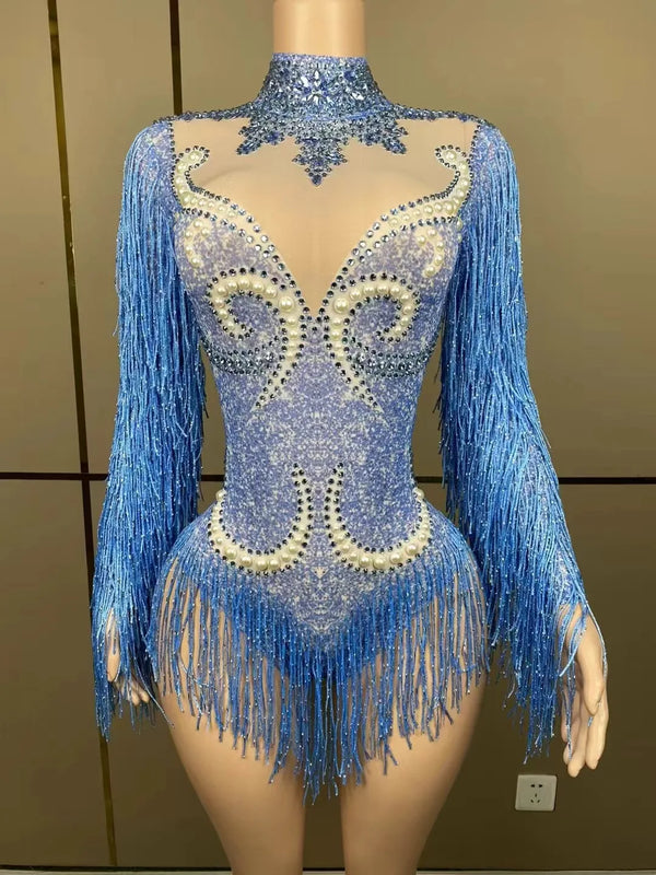 Stage Latin dance cha-cha dance practice suit stretch slim skirt fringe flash small diamond pearl design suit