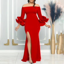 Elegant Sexy Side Slit Long Dress For Women Independent Stand Trade Clothing One-character Collar Leaf Sleeves Evening Dress