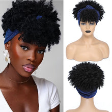 Short Kinky Curly Headband Wig Afro Puff Curly Headband Wig with Bangs for Women Natural Ombre Blonde Synthetic Turban Wrap Wig