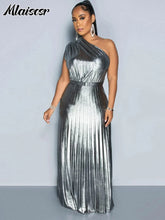 Mlaiscsr Metallic Golden One Shoulder Sleeveless Pleated A-Line Long Dress Elegant Women Luxury Birthday Evening Gowns Vestidos