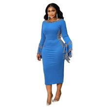 CM.YAYA Women O-neck Elegant Long Flare Sleeve Rhinestones Midi Dress 2025 OL Pencil Streetwear Africa Club Dresses Vestidos