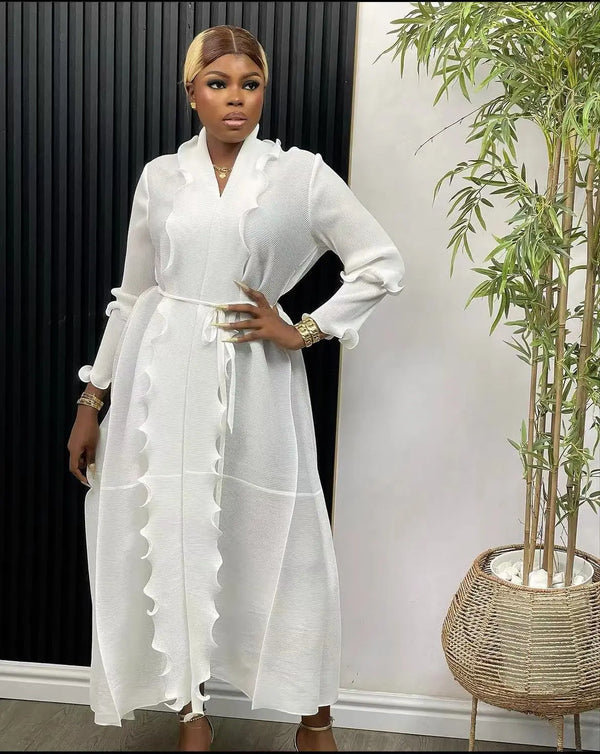Women Eid Muslim Dress Ruffles Sleeve Dubai Abayas Solid Dresses Sashes Loose Casual Morocco Kaftan Islam Arab Ankle Length