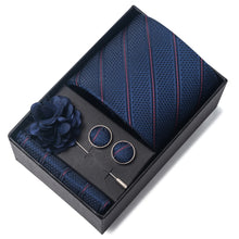 Top Grade Fashion 8 cm Wide Tie Sets Blue Stripe Men's Gravata Handkerchief Cufflink Box Fit Group Workplace Wedding Tie
