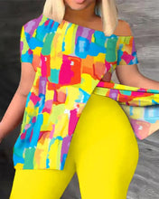 Elegant Women Two Piece Set Suits New Fashion Printed Ruffle Sleeve Top Solid Color Pants Set With Belt Blouses Female Clothing