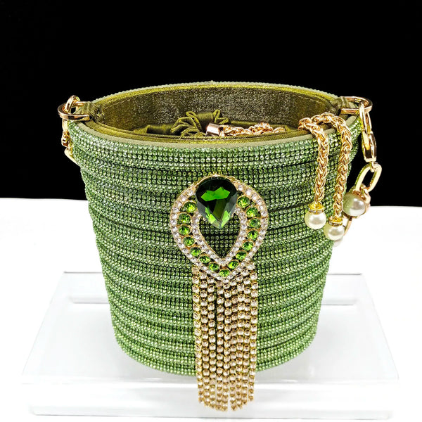 Newest Olive Colour Personalized  Design Rhinestone Decoration High Heel Peep Toe Banquet Ladies Shoes And Bag Set