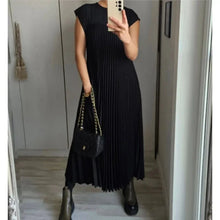 Loose Solid Color Loose Waist Large Hem Long Dress Summer New Fashion O-Neck Sleeveless Pleated Maxi Women's Dress Femme Robe