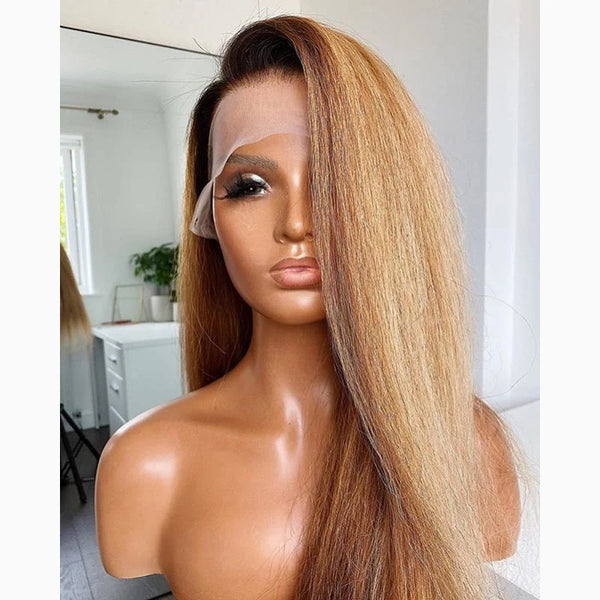 Yaki 26 inch 180Density Soft Long Ombre Blonde Kinky Straight Lace Front Wig For Women With BabyHair Preplucked Natural Hairline