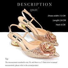 QSGFC Shiny Gold Color Shoes and Bag Elegant Handbags and Medium Heel Shoes Beautiful Handmade Flowers For Wedding Party