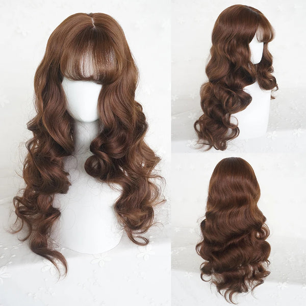 Long Wavy Brown Wig with Bangs Synthetic Women Lolita Cosplay Fluffy Natural Heat Resistant Hair Wig for Daily Party