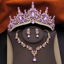 3 Pcs Princess Wedding Crown Jewelry Sets and Tiaras Green Pink Bride Necklace Earrings Set Girls Prom Birthday Accessory