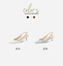 Women Sandals Rivets Pointed Toe Slingbacks Patent Leather Mid Heels Pumps Blue Snakeskin Pattern Slip on Sandalias Mujer