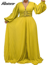 Mlaiscsr Elegant Evening Party Jumpsuit Long Sleeved Waist Pearl Bead Mesh Loose Wide Leg Pleated Long Dinner One Pieces Rompers