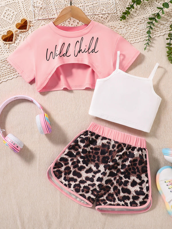Summer children fashion simple casual 3-piece girls casual sportswear holiday summer relaxed comfortable casual jogging set