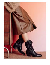 Women Chunky Heeled Western Boots Faux Suede Ankle Boots Woman Autumn Vintage Loose Tube Pleated Mid Calf Cowboy Botas Mujer