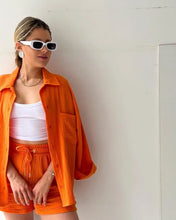 Women's Short Sets 2 Pcs Sale Grass Green Loose Button Cardigan Blouse Coats & Drawstring Wide Leg Loose Short Pant Suits