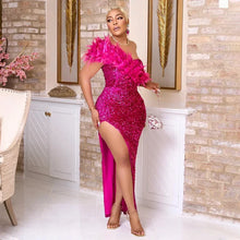 One Shoulder Feather Sequin Prom Long Slit Dress Party Evening Gowns Elegant Luxury Celebrity Night Club Sexy Bodycon Dresses