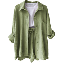 Women's Short Sets 2 Pcs Sale Grass Green Loose Button Cardigan Blouse Coats & Drawstring Wide Leg Loose Short Pant Suits