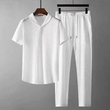 2Pcs/Set Summer Men's Suit Elastic Waistband Pleated Casual Outfit Men Business Short Sleeve Shirts Long Pants Set Male Clothing