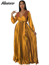 Mlaiscsr Elegant Wedding Guest Pleated Long Dress Women V Neck Lantern Sleeves Sashes Big Swing Sexy Birthday Party Evening Robe