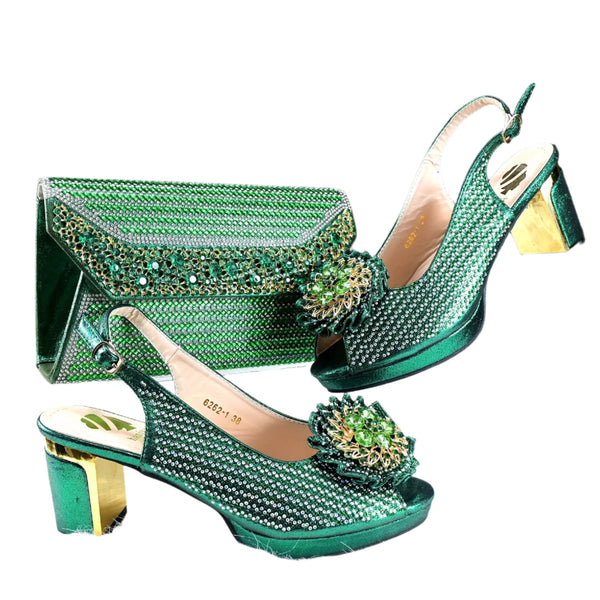 2025 Special New Arrivals Italian Women Shoes and Bag to Match in Green Color with Platform Shinning Crystal Sandal for Wedding