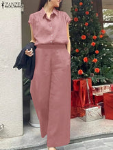 ZANZEA 2025 Summer Wide Leg Pants 2-Pieces Suits Elegant Commute Solid Causal Pant Sets Short Sleeve Shirt Women Trouser Outfits