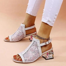 2023 New Women Summer Fashion Mid Heels Peep Toe Shoes for Women Glitter Sandals Ladies Buckle Strap Bling  Rhinestone Sandals