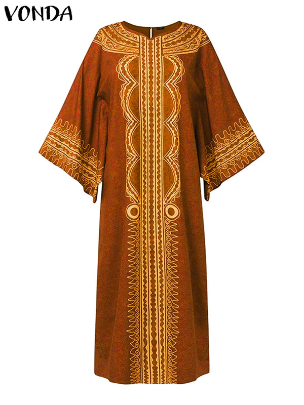 Women Long Maxi Dress VONDA Vintage Long Flare Sleeve Bohemian Printed Sundress 2025 Casual Loose Vestidos Oversized Robe