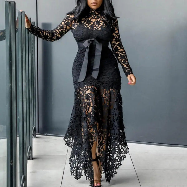 Lace Bow Belted Women Dress Elegant Long Sleeve Irregular Hem Women Bodycon Party Long Dress Vintage Wedding Evening Party Dress