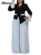 Mlaiscsr Elegant 2 Piece African Women Long Sleeve V-neck Top and Long Wide Legs Pant Matching Sets 2025 Spring OL Outfits