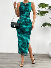 Women's 2024 Spring Summer New Fashionable Printed Round Neck Style Slimming Sleeveless Tight Dress With Split Bottom