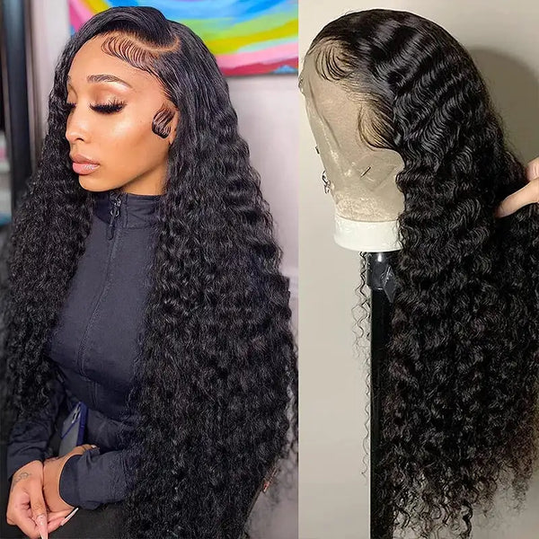 Swupod 200 Density 13x4 13x6 HD Transparent Swiss Deep Wave Lace Frontal Front Wig for Women Remy Human Hair Natural Black