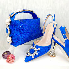 JMF New arrive Italian Design Blue Women's Fashion Rhinestone Pearl Point Toe Stiletto Heels Sandals Women's Shoes & Bag Set