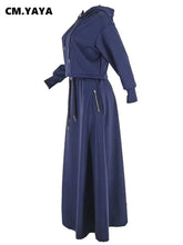 CM.YAYA Fashion Women's Set Long Sleeve Hooded Sweatshirt and High Side Split A-line Maxi Skirt Suit 2024 Two 2 Piece Set Outfit