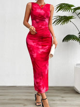 Women's 2024 Spring Summer New Fashionable Printed Round Neck Style Slimming Sleeveless Tight Dress With Split Bottom