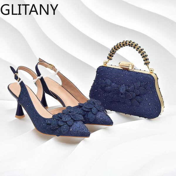 New Arrival Party Shoe and Bag Set for Women Italy Full Diamonds High Heels Luxury Woman Pumps Matching Italian Shoe and Bag Set