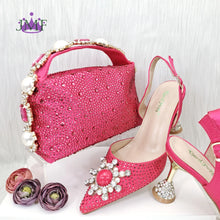 JMF New arrive Italian Design Blue Women's Fashion Rhinestone Pearl Point Toe Stiletto Heels Sandals Women's Shoes & Bag Set