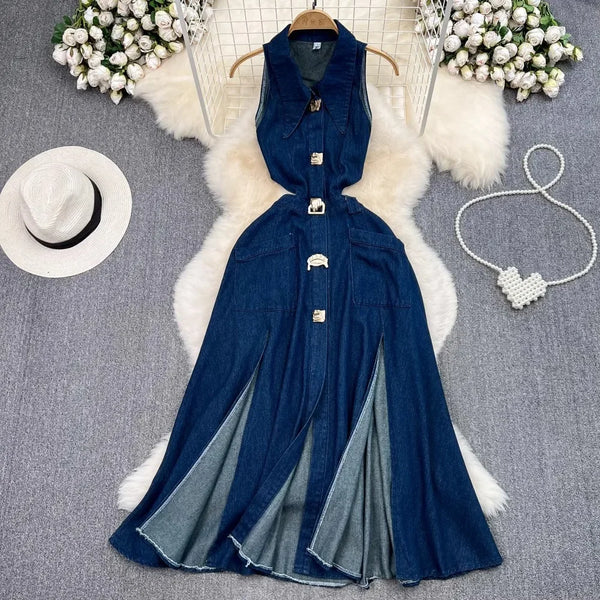 Denim Dress Women Long Dresses Turn Down Collar Sleeveless Party Club Hollow Out Jeans High Waist Slim Single Breasted Vestidos