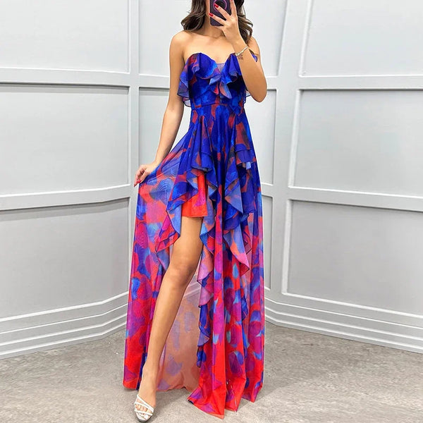 Women Sexy Strapless Ruffle Irregular Maxi Dress Spring Print Mesh Pleated Long Dress Summer Off Shoulder Backless Party Dresses