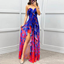 Women Sexy Strapless Ruffle Irregular Maxi Dress Spring Print Mesh Pleated Long Dress Summer Off Shoulder Backless Party Dresses