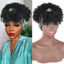 Short Kinky Curly Headband Wig Afro Puff Curly Headband Wig with Bangs for Women Natural Ombre Blonde Synthetic Turban Wrap Wig