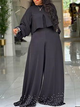 two piece sets women outfits o neck long lantern sleeve tops Embroidered Flares wide leg trousers fashion casual party Pant Sets