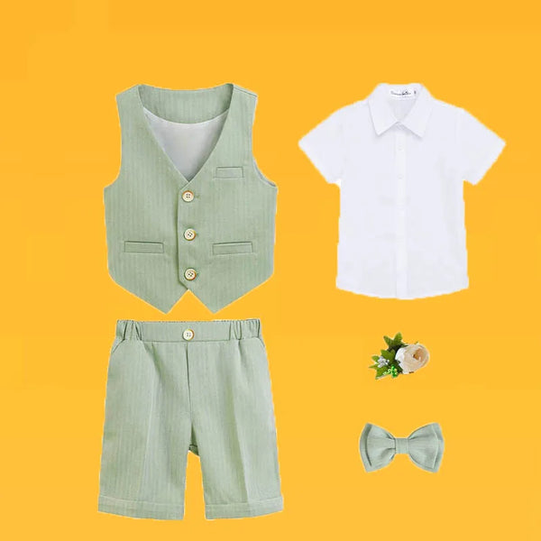 Children Green White Baptism Photography Suit Kids Vest Shirt Shorts Bowtie Ceremony Costume Boys Breathable Wedding Dress
